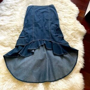 Women’s Medium Wash Hi Low Tier Ruffles Midi Denim Jean Skirt